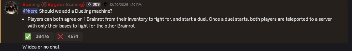 Sammy teases a Dueling Machine in Steal a Brainrot Discord